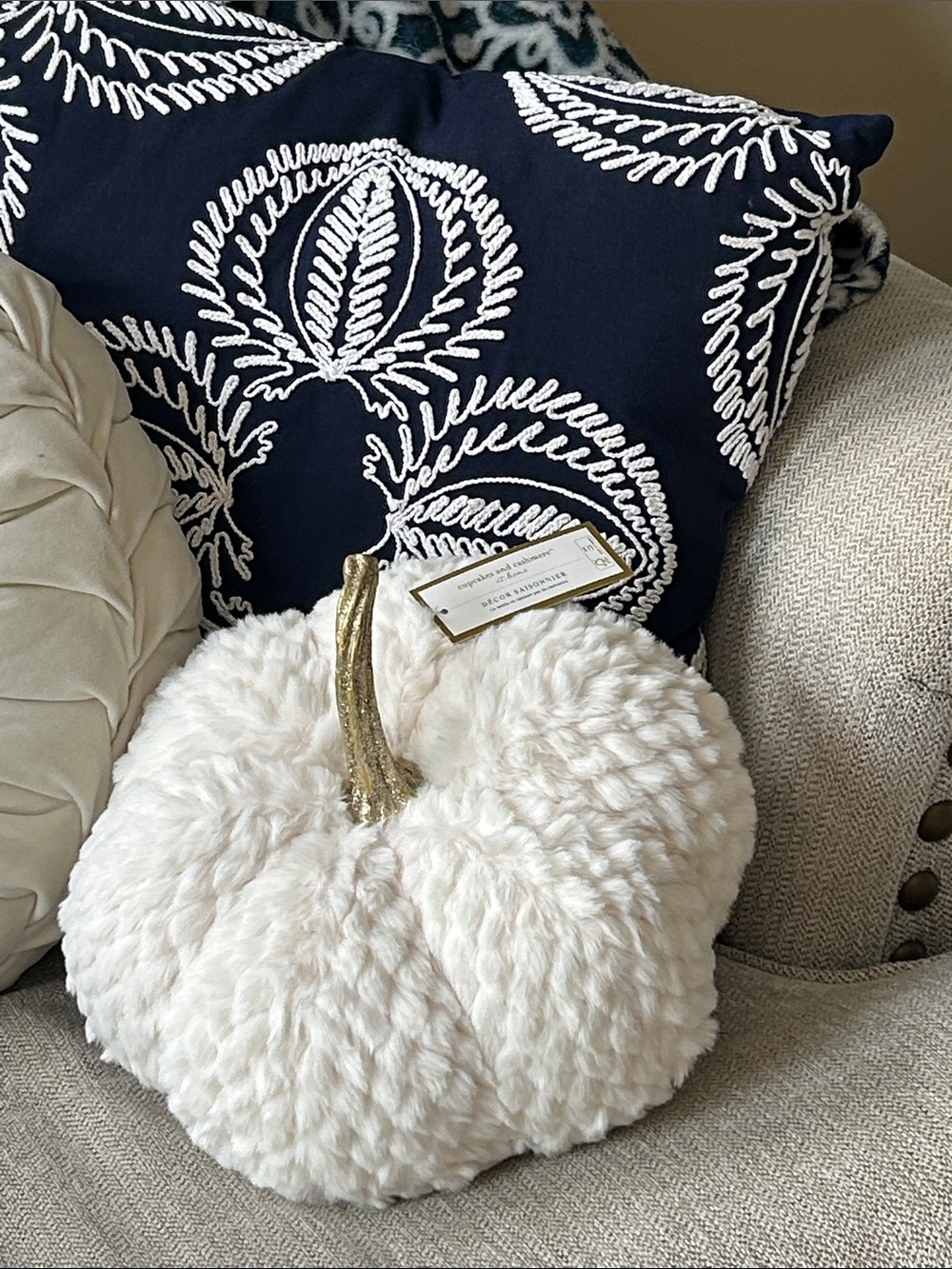 NEW! Shabby Chic Faux Fur Fall Harvest Creamy White Pumpkin Pillow & Gold Stem